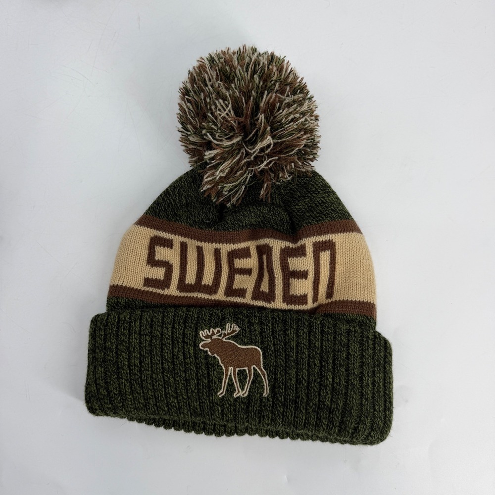 ROBIN RUTH ORIGINAL Vintage Sweden Moose POM Winter Cuffed Knit Beanie Hat